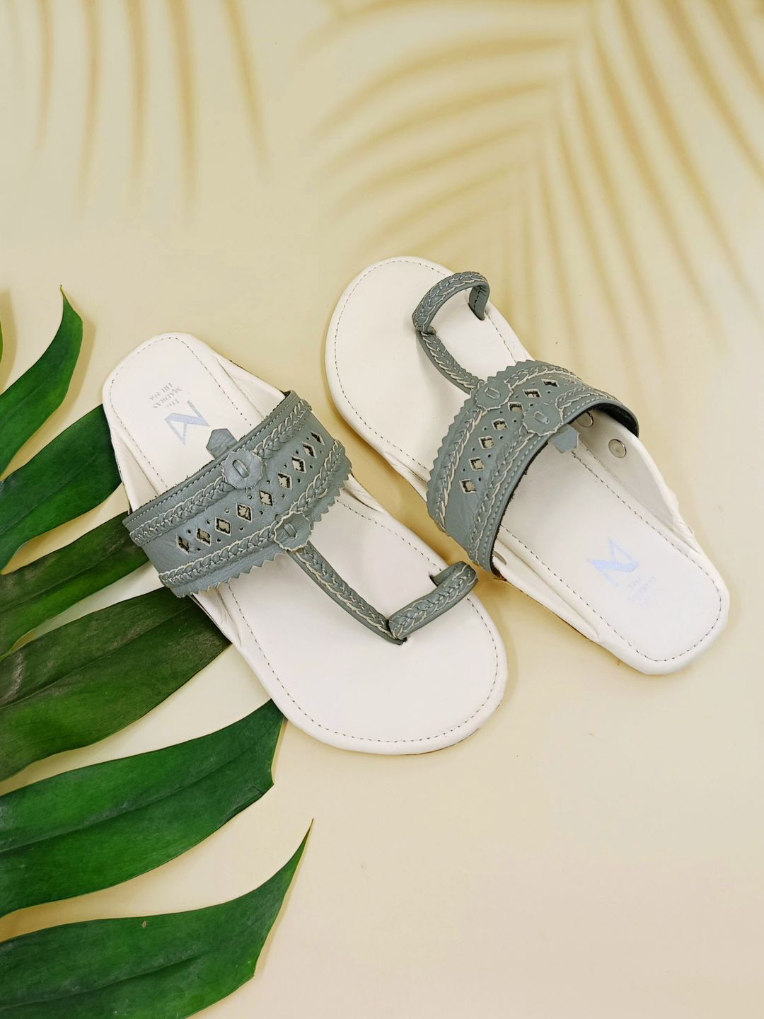 THE MADRAS TRUNK Women White and Grey Braided Kolhapuri Sandals