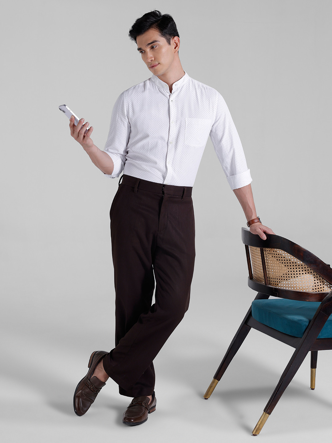 INVICTUS Men Easy Care White & Brown Printed  Formal Slim Fit Shirt