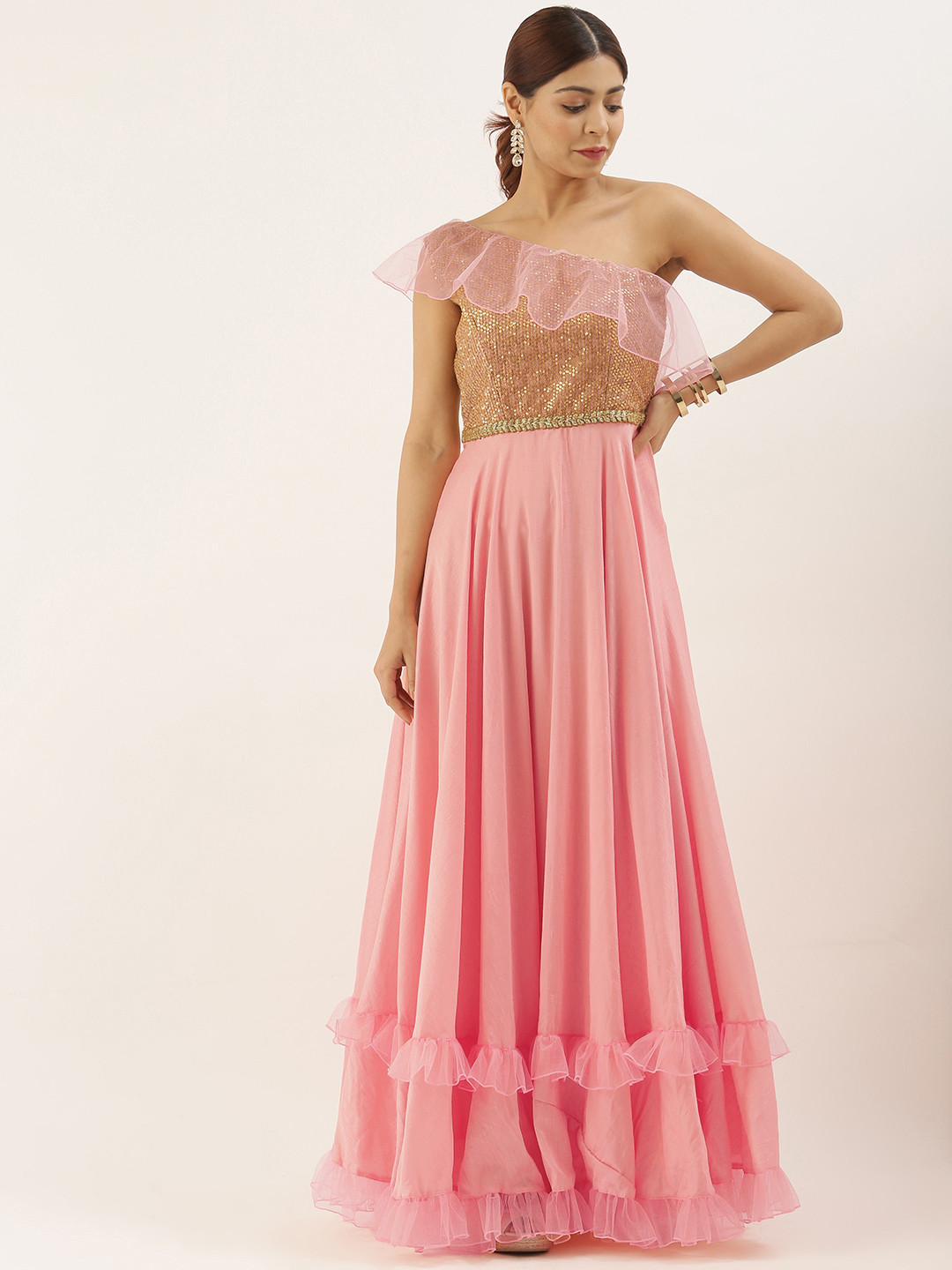 Ethnovog Women Pink  Gold Embellished Made To Measure One Shoulder Fit and Flare Dress