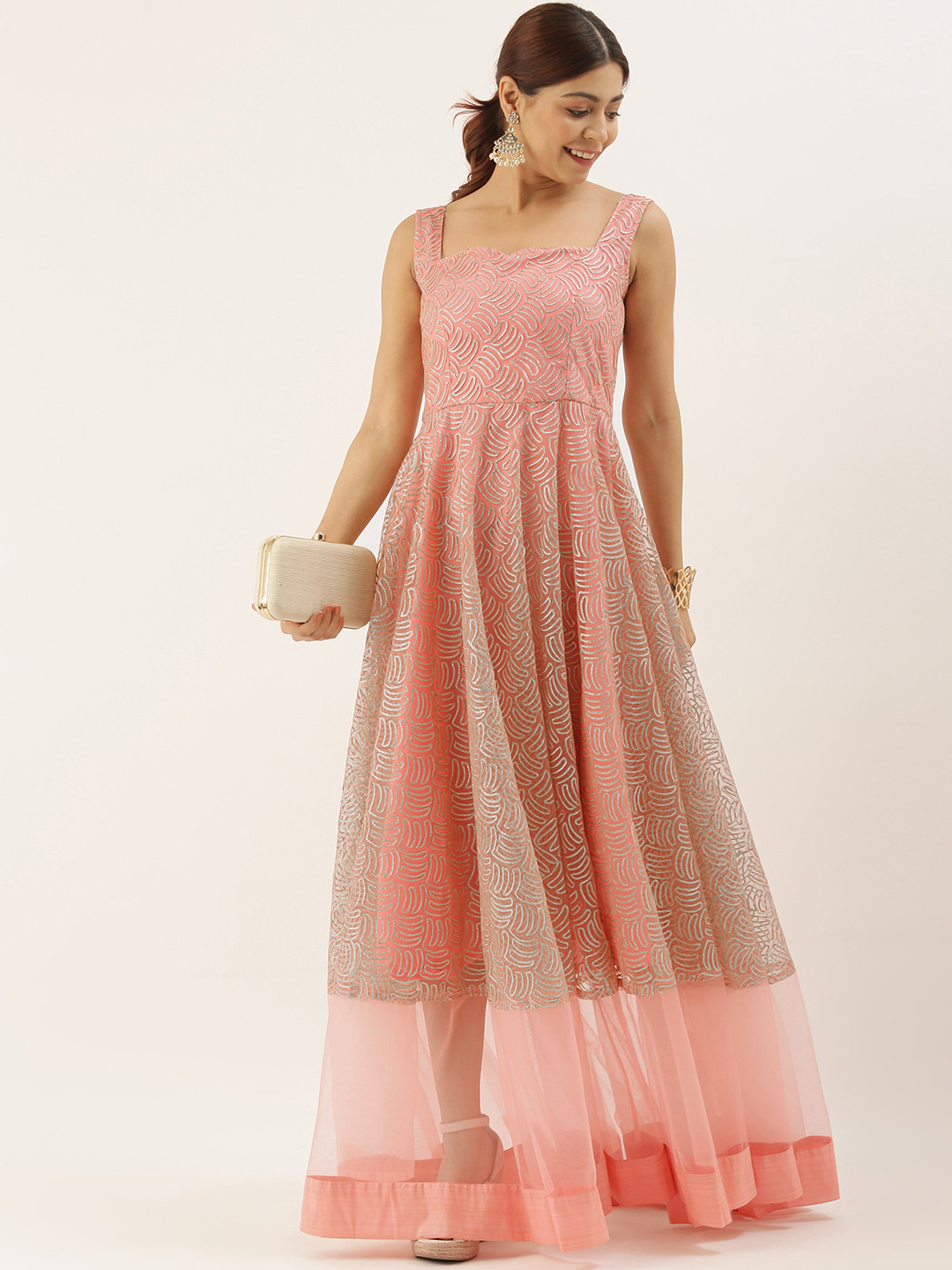 Ethnovog Women Pink  Golden Embellished Made To Measure Fit and Flare Dress