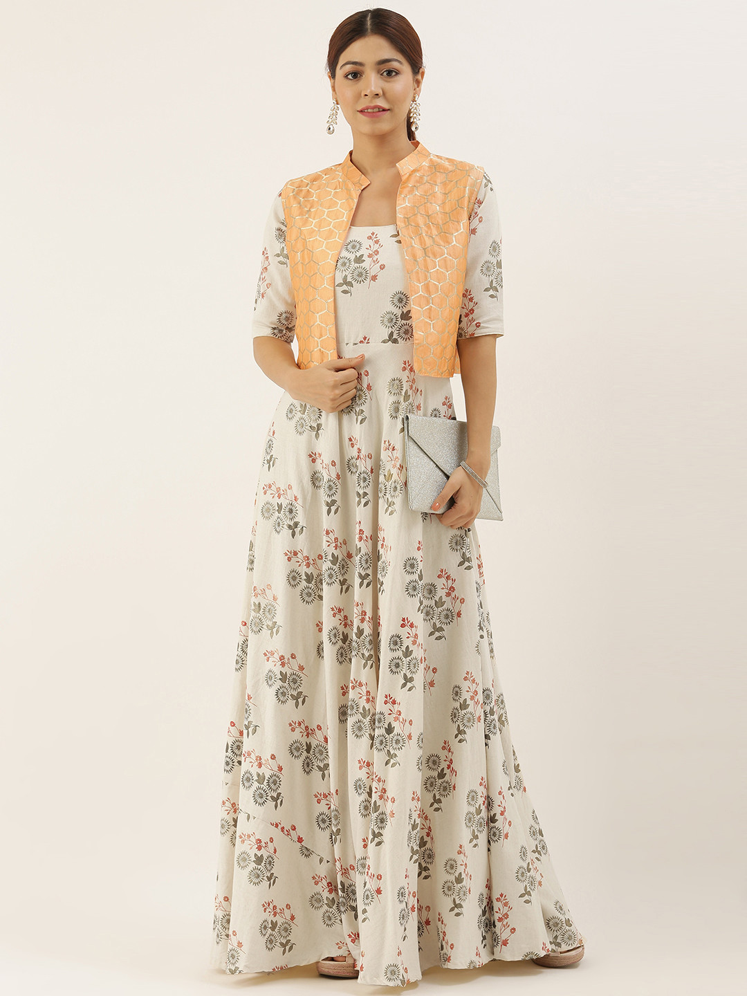 Ethnovog Women Cream-Coloured Printed Fit and Flare Dress