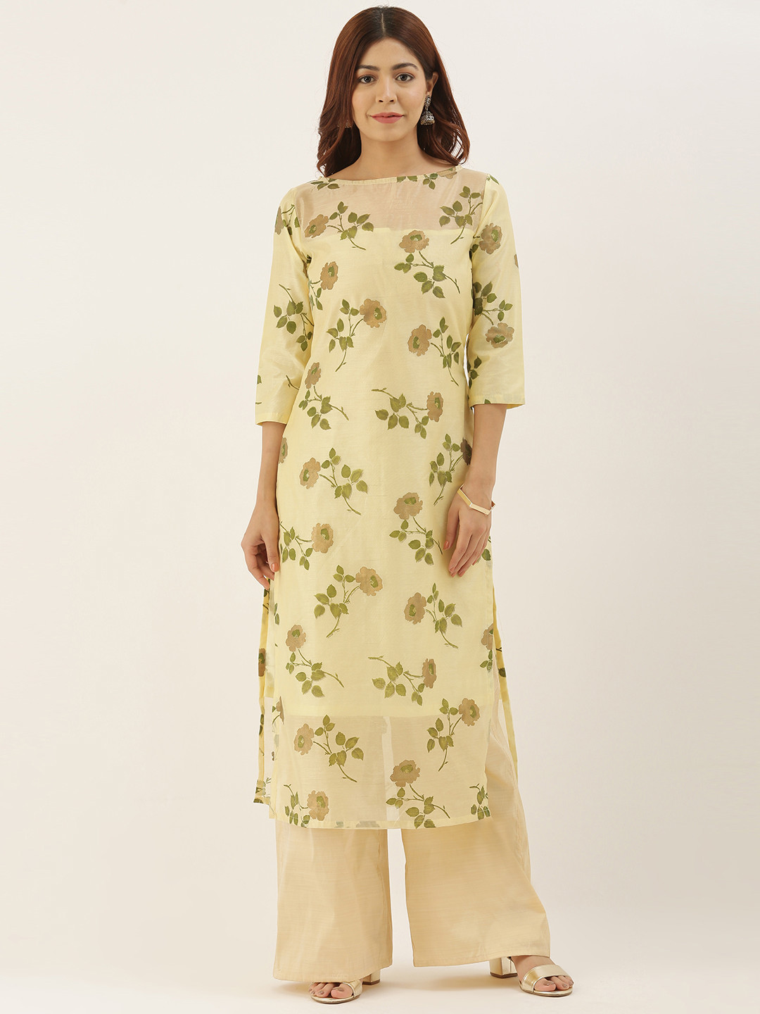 Ethnovog Women Yellow  Green Floral Foil Printed Made To Measure Straight Kurta