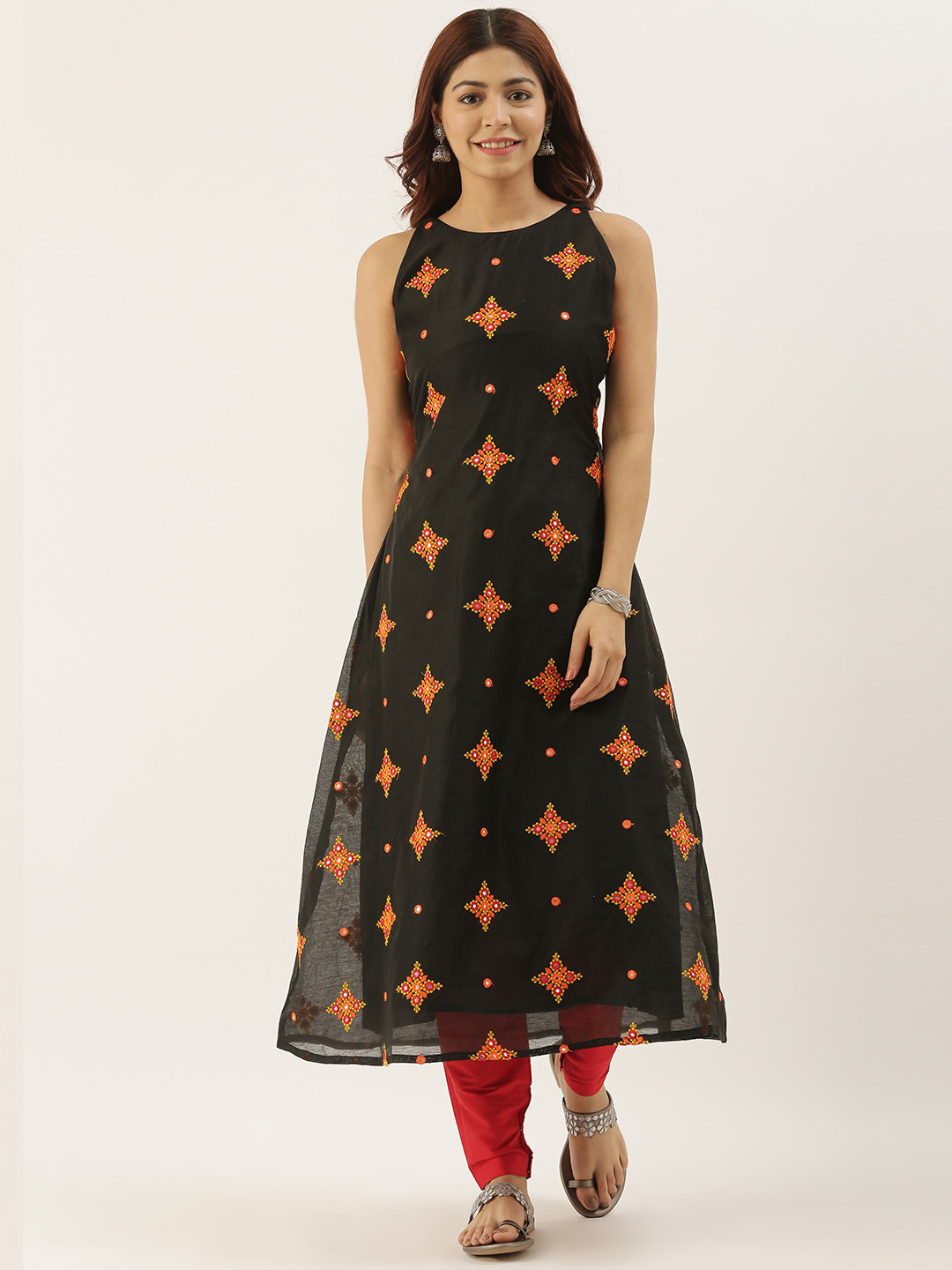 Ethnovog Women Black  Red Embroidered Made To Measure Kurta with Churidar