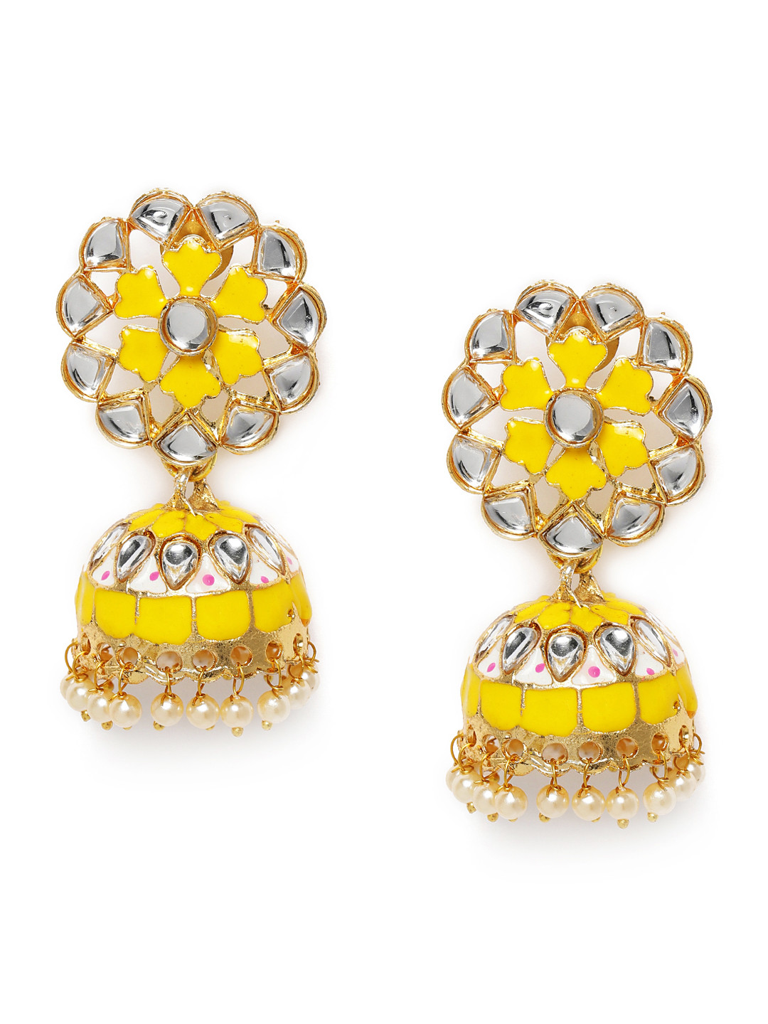 Kord Store Yellow Gold-Plated Kundan Studded Dome Shaped Jhumkas