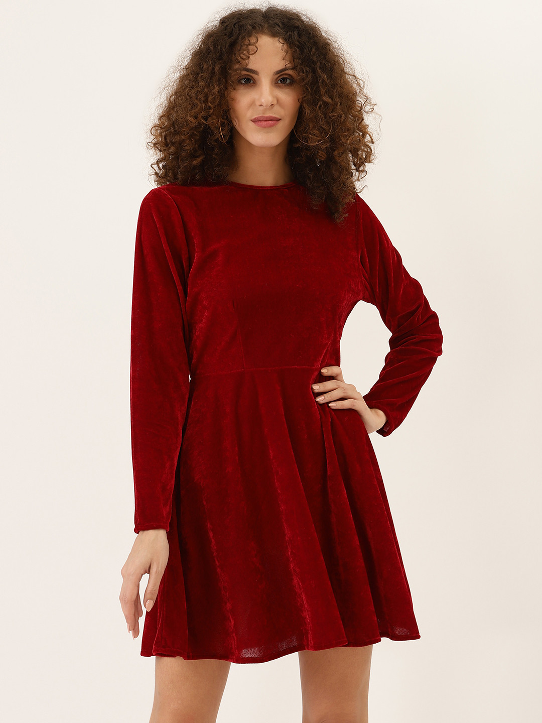 DODO & MOA Women Maroon Velvet Mini Fit and Flare Dress