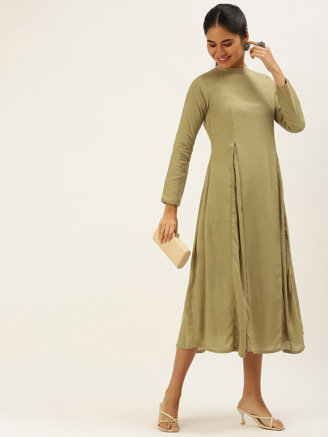 Ethnovog Khaki Solid Made To Measure A-Line Midi Dress