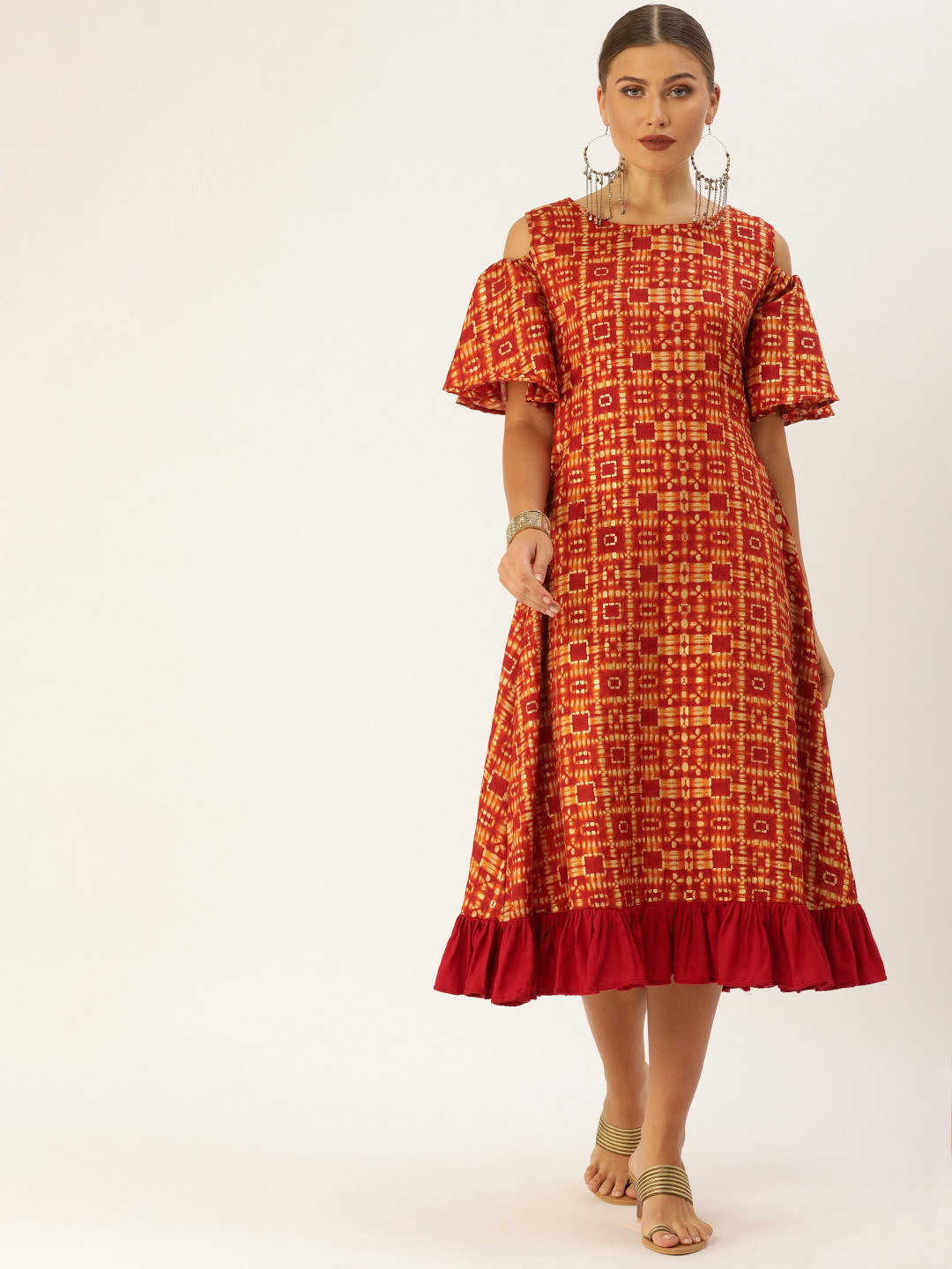 Ethnovog Women Orange  Yellow Printed Made To Measure A-Line Dress with Ruffles