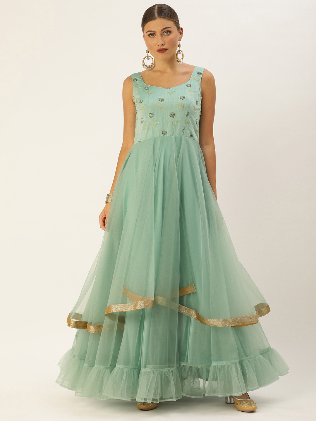 Ethnovog Women Green Made To Measure Embellished Fit and Flare Dress