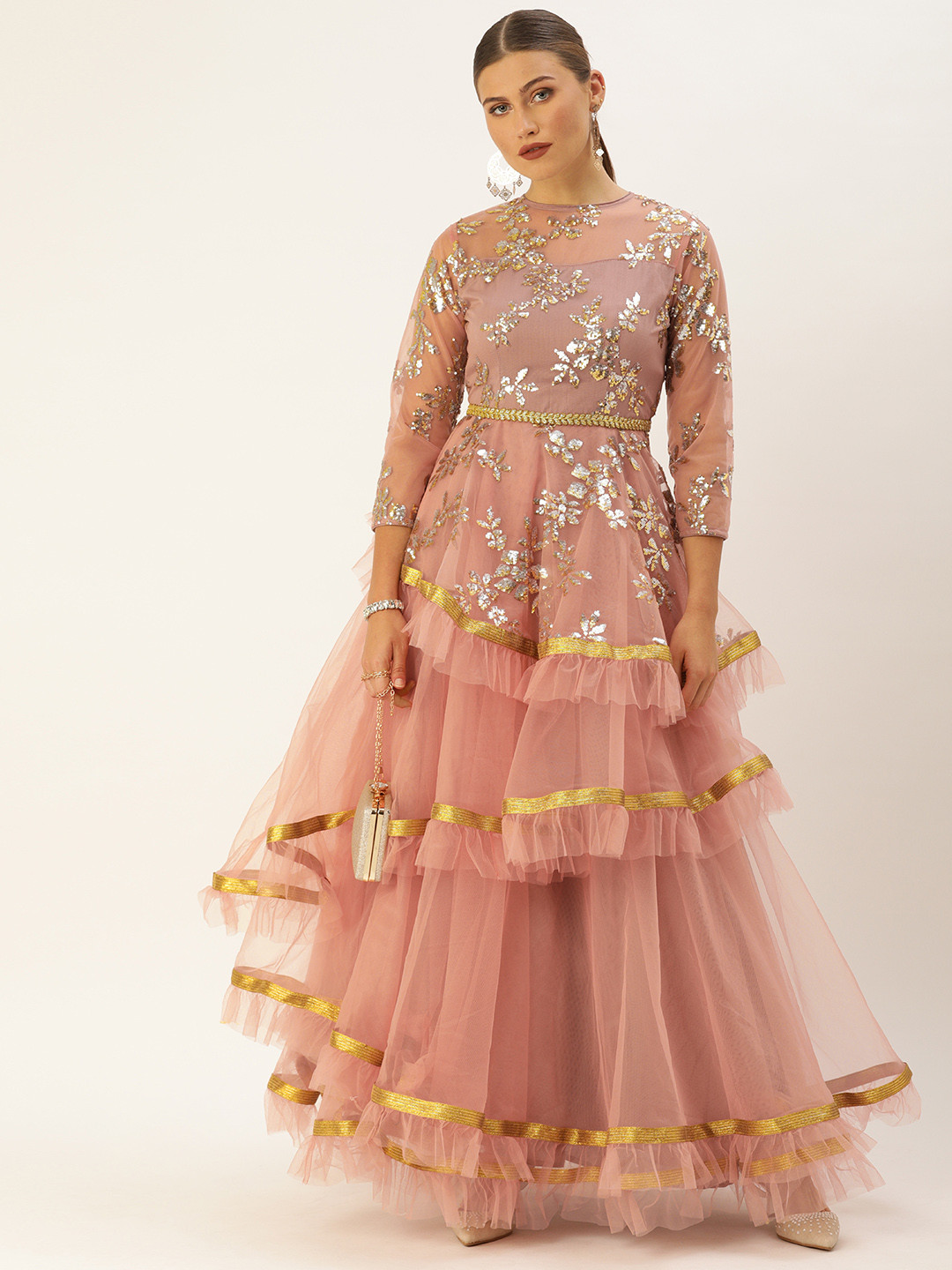 Ethnovog Women Peach-Coloured Sequinned Embellished Layered Made To Measure Maxi Dress