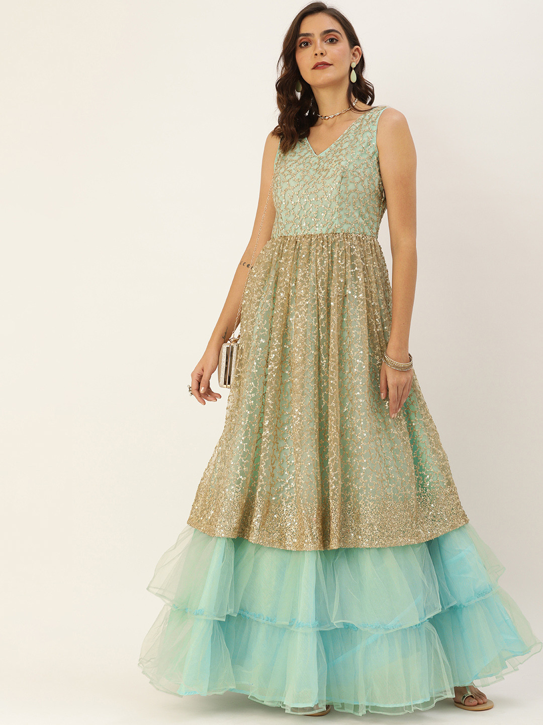 Ethnovog Women Turquoise Blue  Golden Embellished Made To Measure Fit and Flare Dress