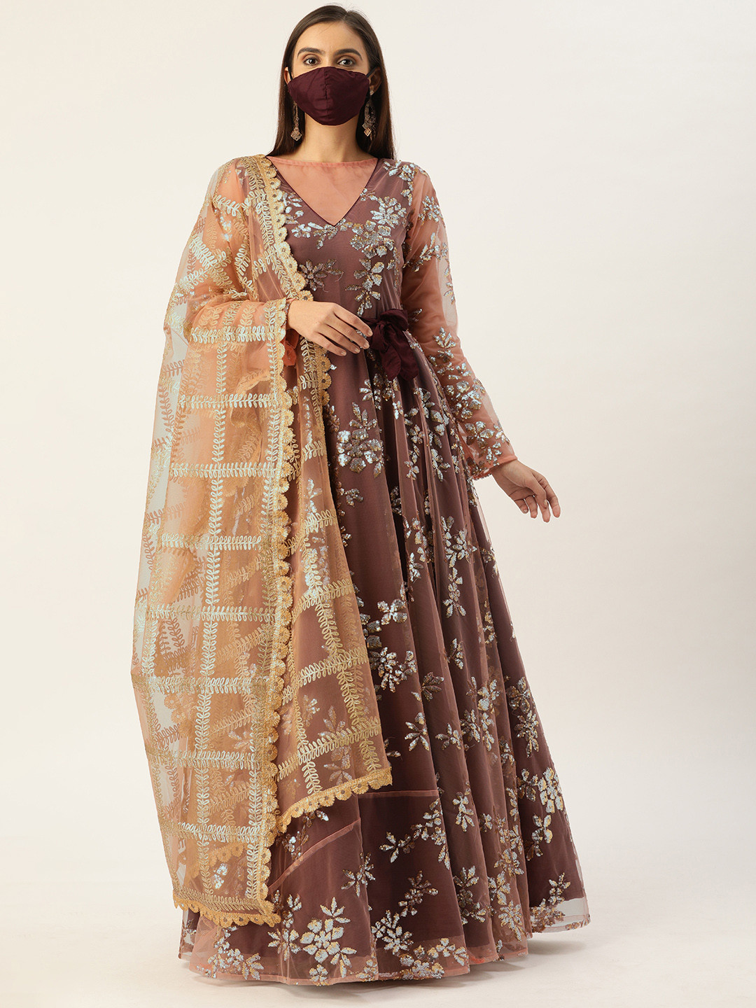 Ethnovog Women Mauve  Silver-Coloured Sequined Maxi Dress with Dupatta  Mask