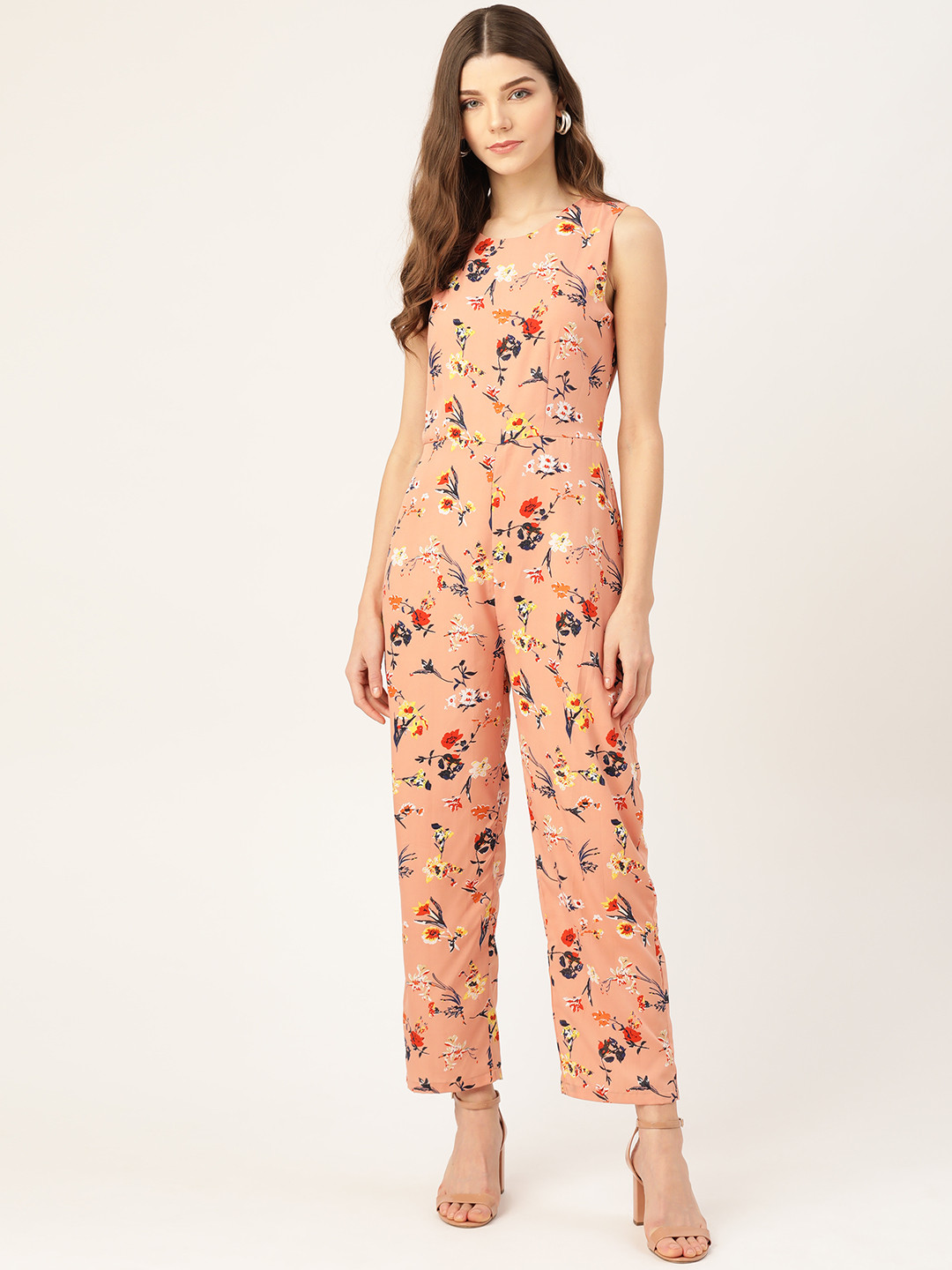 DODO & MOA Women Peach-Coloured & Navy Blue Floral Print Jumpsuit