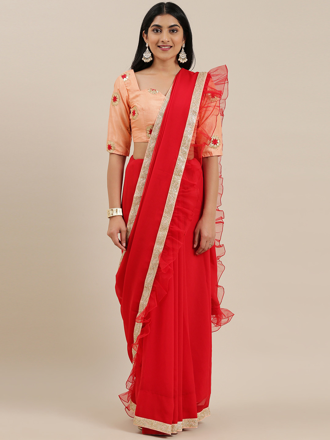 Ethnovog Red Solid Ruffled Saree
