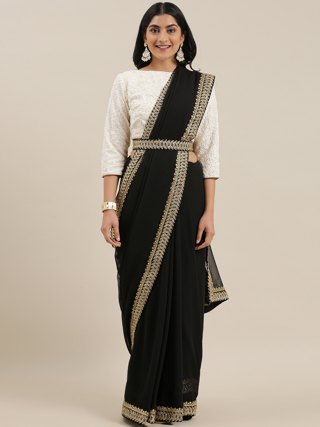 Ethnovog Solid Belted Saree With Stitched Blouse