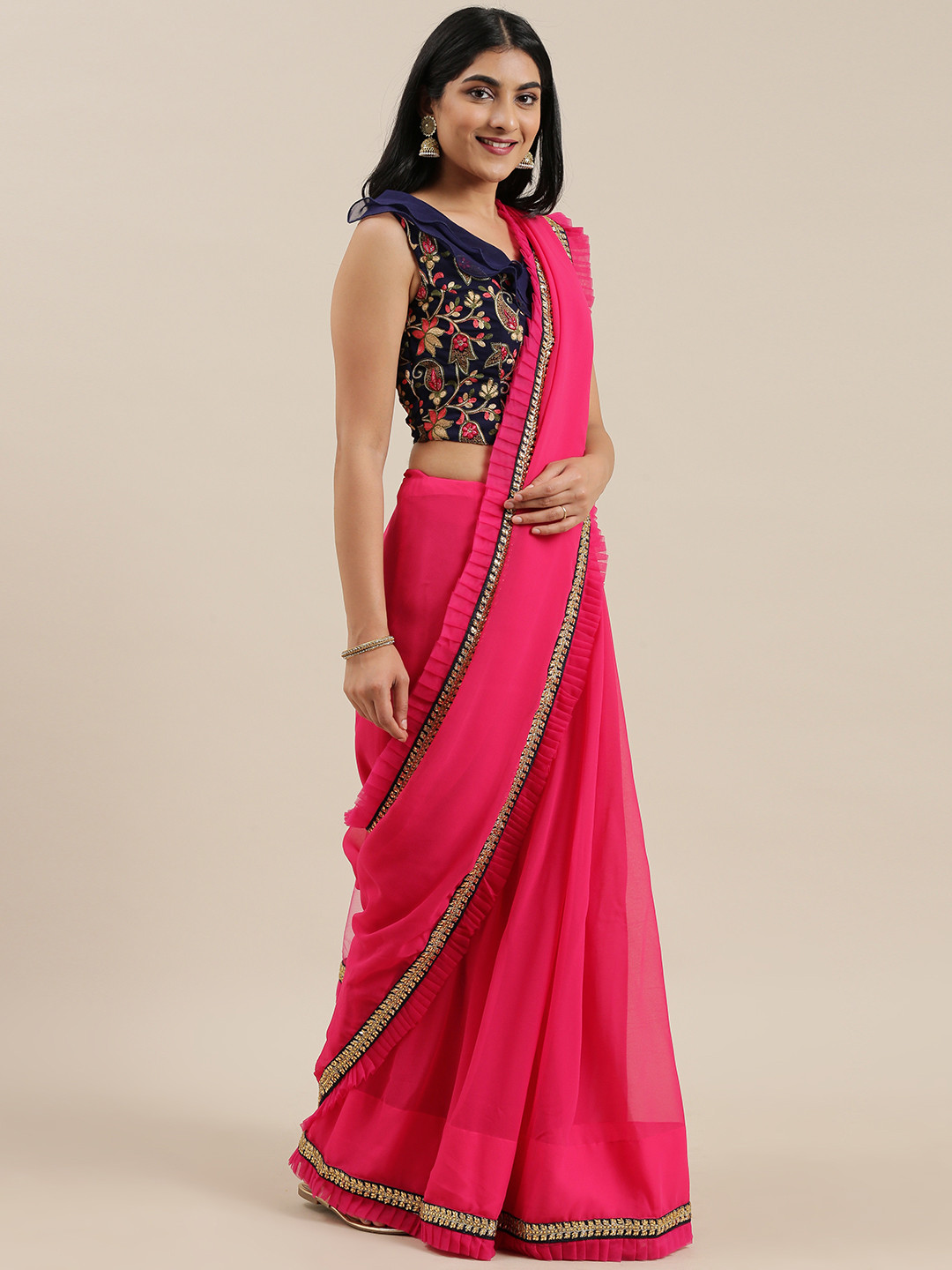 Ethnovog Pink Solid Saree
