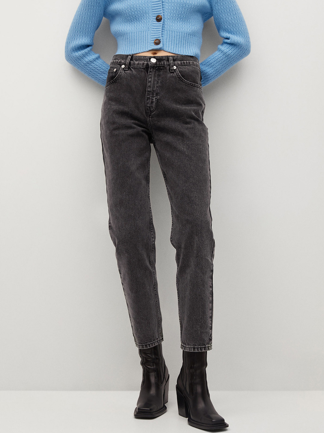 MANGO Women Black Mom Regular Fit Mid-Rise Sustainable Clean Look Cropped Jeans