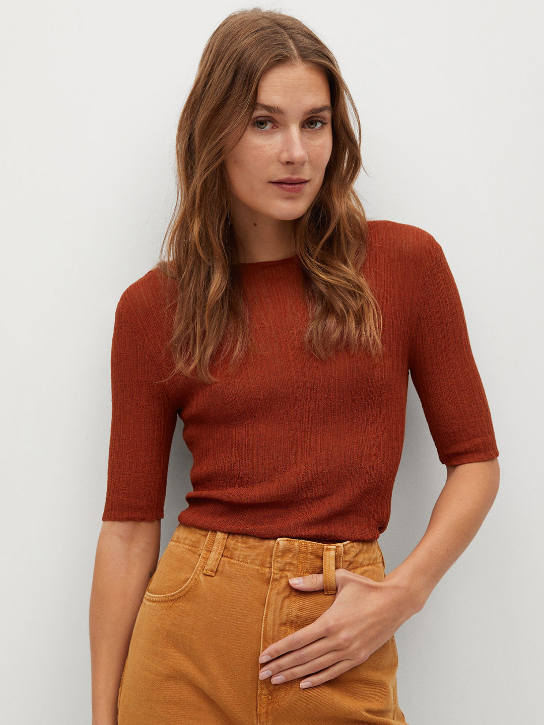 MANGO Women Rust Orange Semi-Sheer Self Design Top