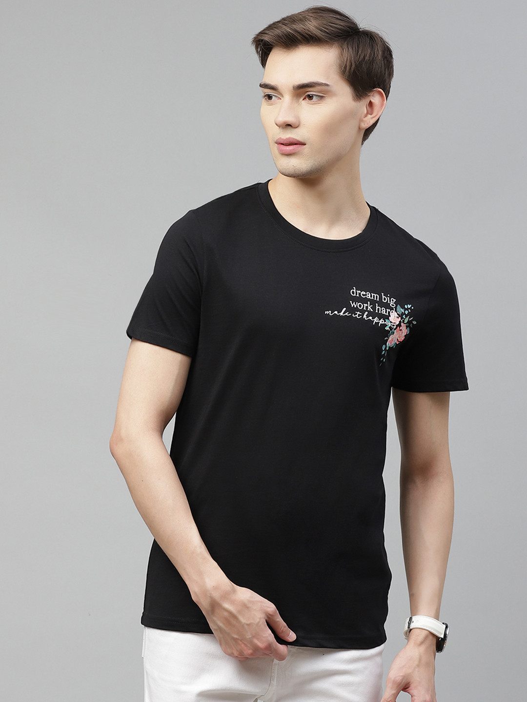 Mast & Harbour Men Black Embroidered Detail Cotton Handcrafted T-shirt