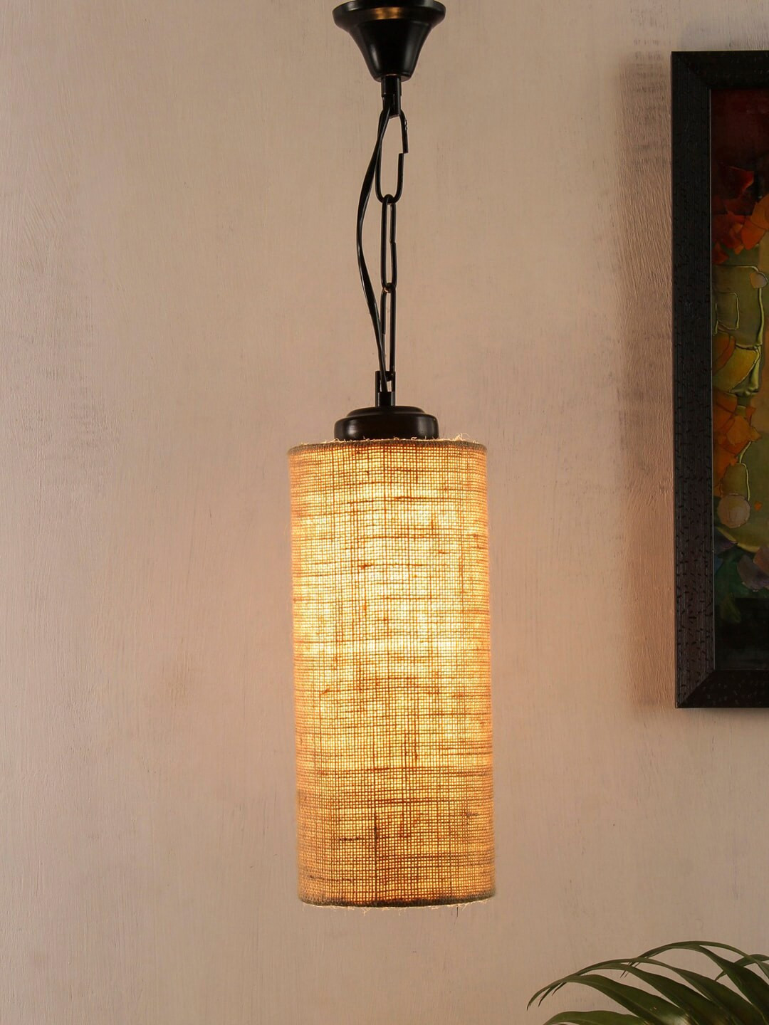 Devansh Beige & Black Solid Jute Round drum Traditional Hanging Lamp