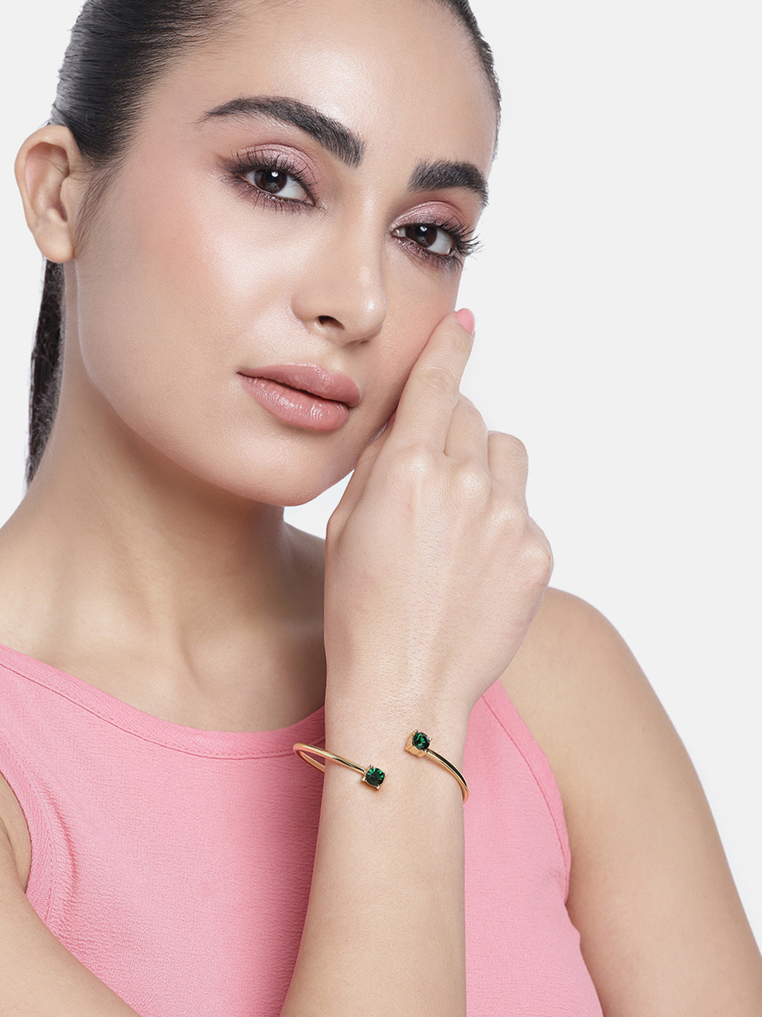 Estele Gold-Plated & Green Stone-Studded Cuff Bracelet