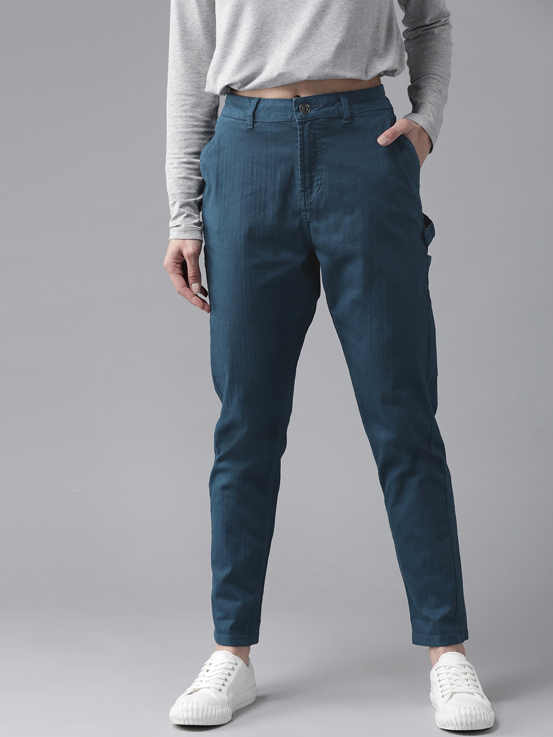 The Roadster Lifestyle Co Women Teal Blue Loose Fit Solid Regular Cargos