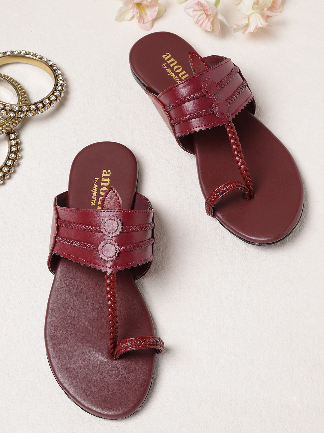 Anouk Women Maroon Braided One Toe Flats