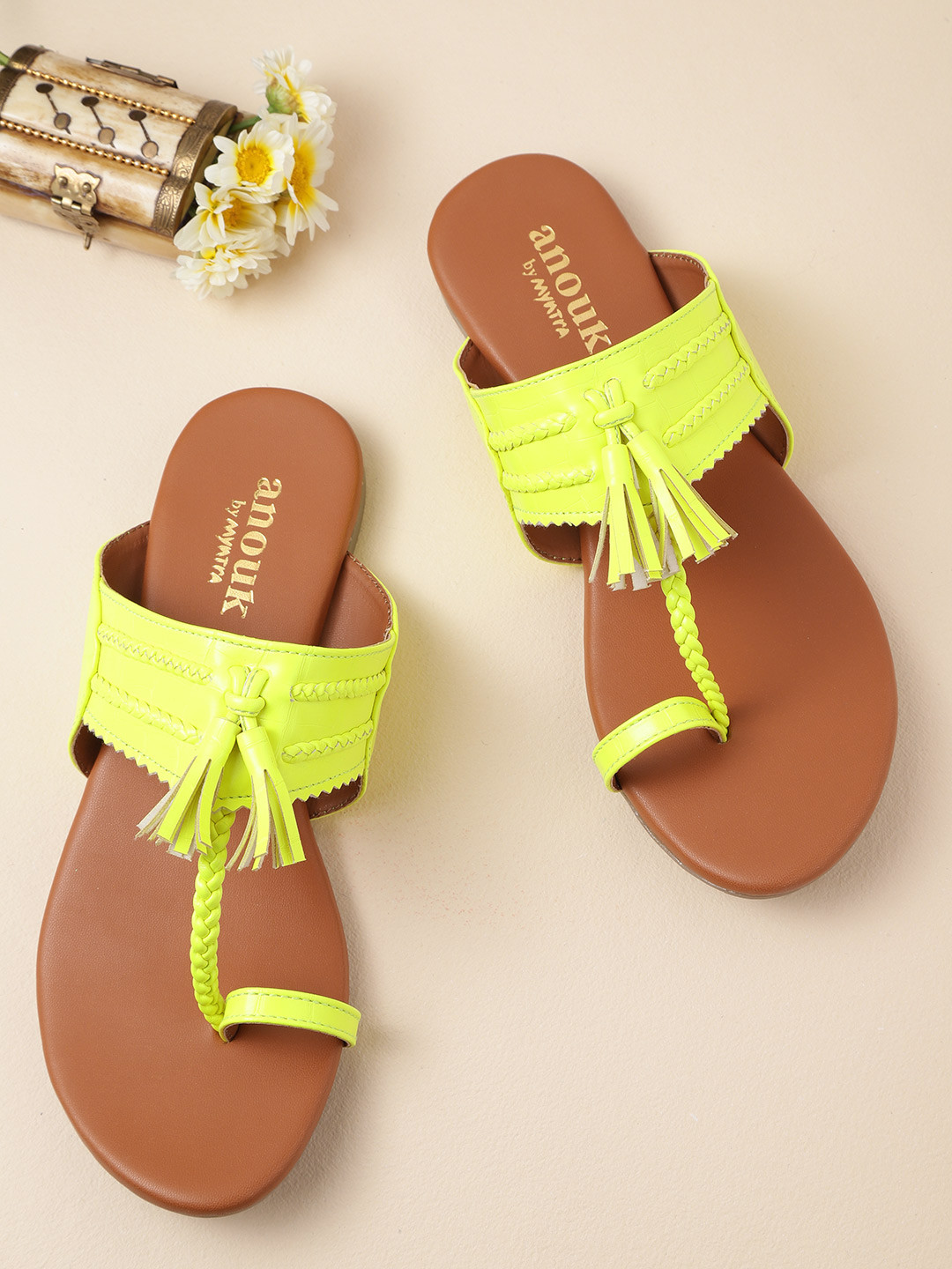 Anouk Women Fluorescent Green Braided & Tasselled One Toe Flats