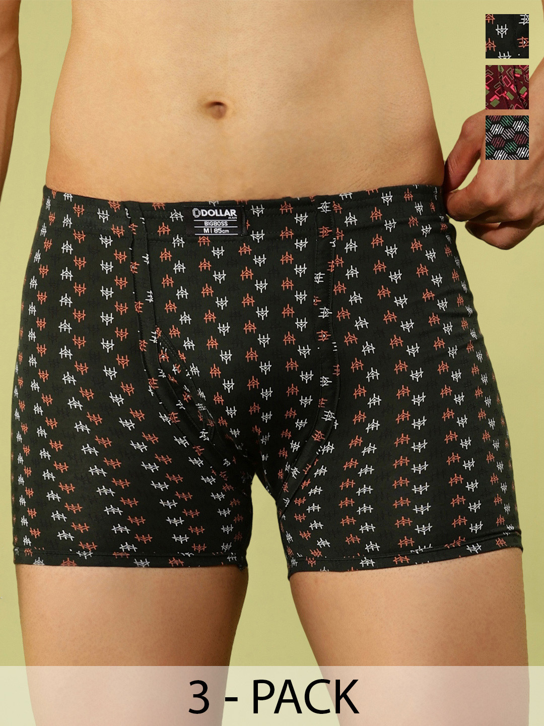 Dollar Bigboss Men Printed Pack of 3 Plush-Backed Waistband Trunk