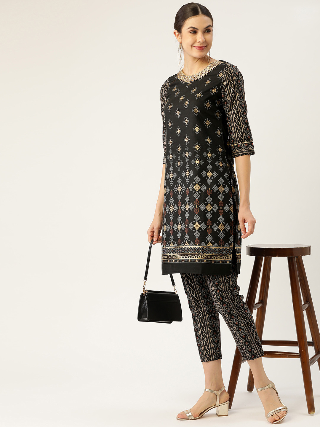 all about you Women Black & Golden Printed Sequinned Kurta with Trousers