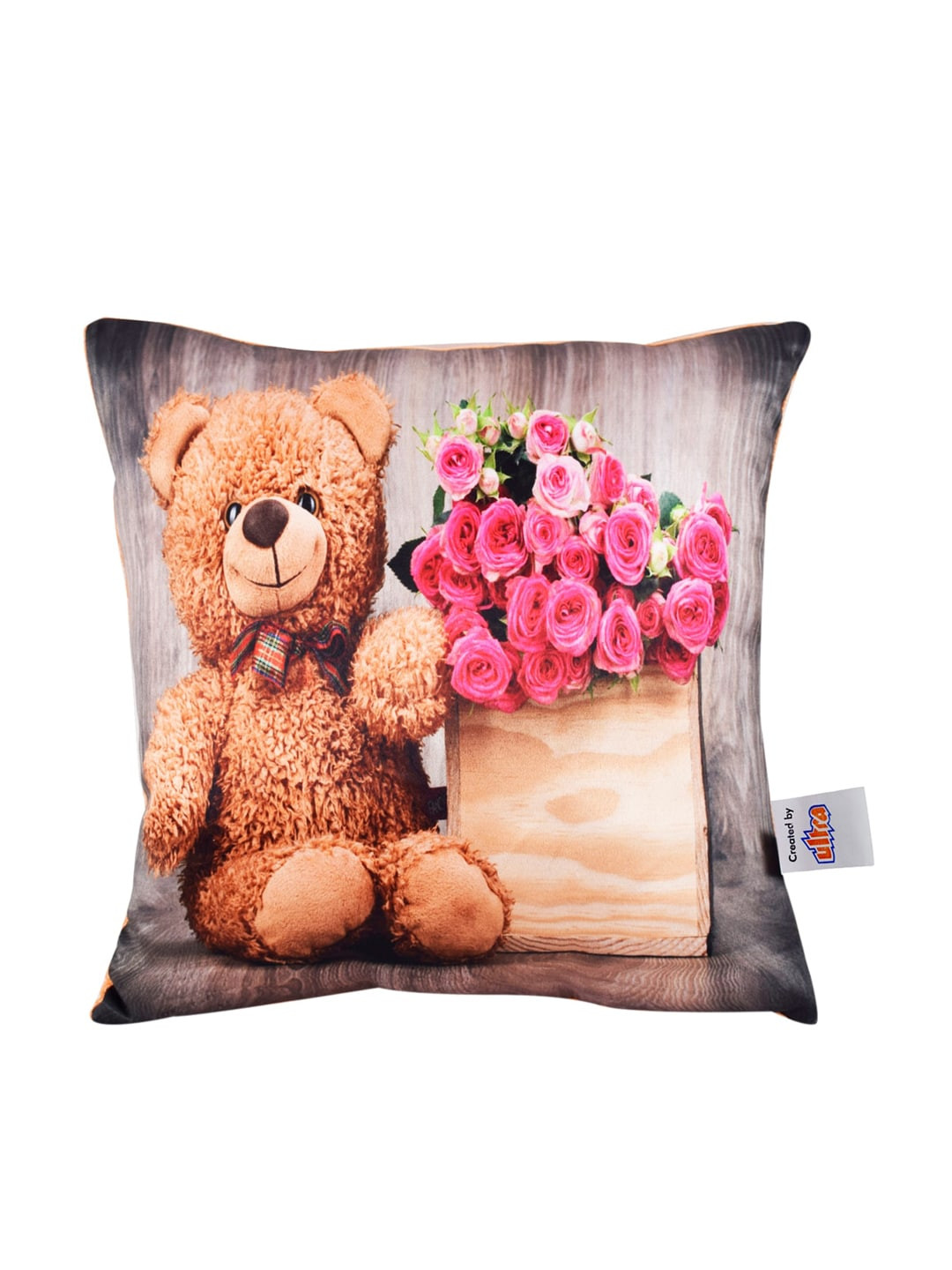 Ultra Brown & Pink Charming Teddy Bear & Rose Print Cushion Plush Soft Toy
