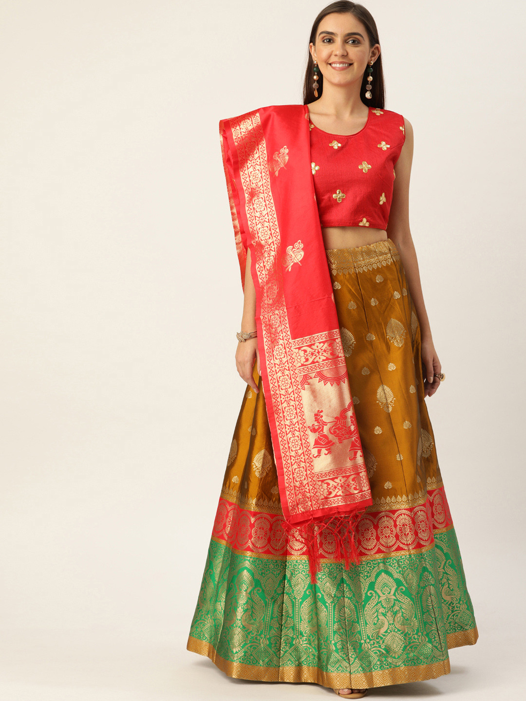 Shaily Mustard & Pink Embellished Semi-Stitched Lehenga & Blouse with Dupatta