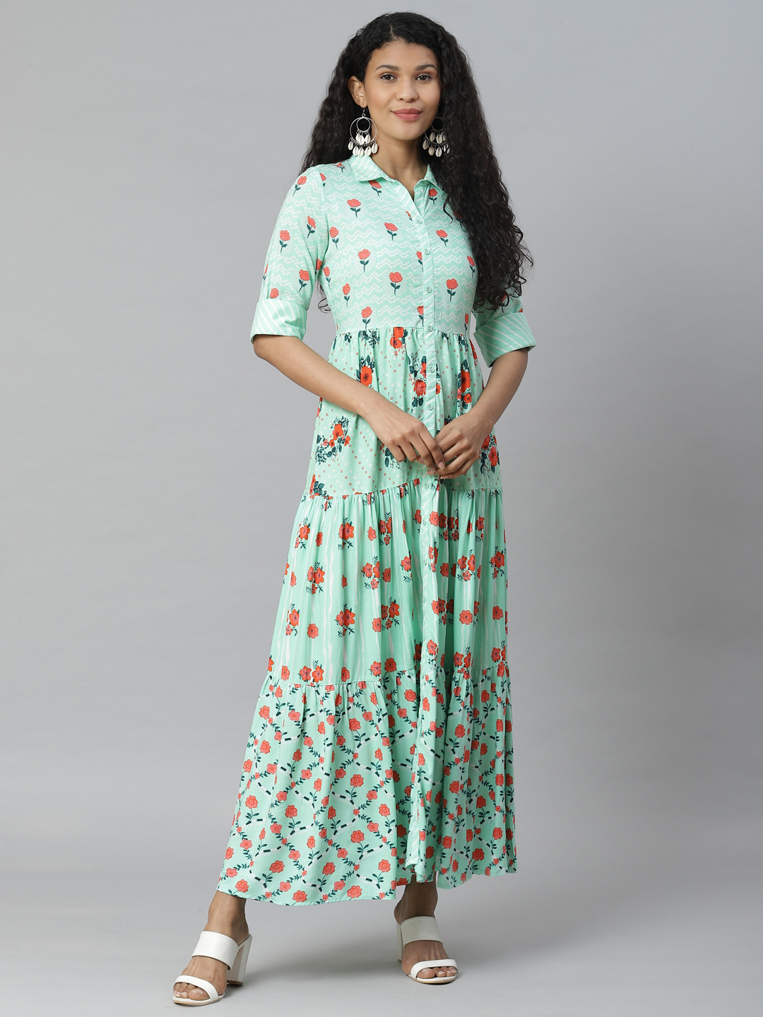 Rangriti Women Sea Green & Coral Orange Liva Floral Printed Tiered Shirt Dress