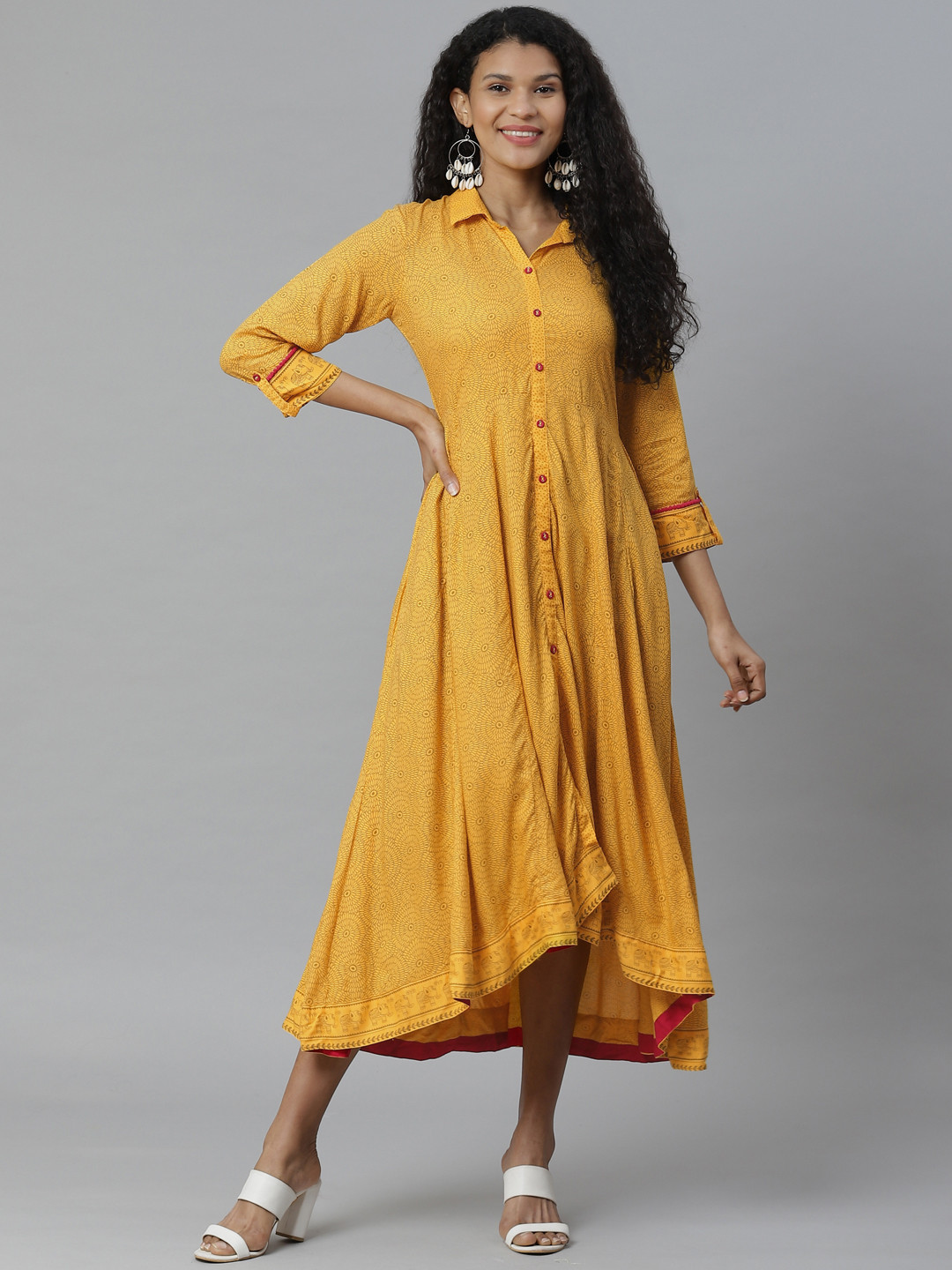 Rangriti Women Mustard Yellow & Brown Printed Liva High-Low Shirt Dress