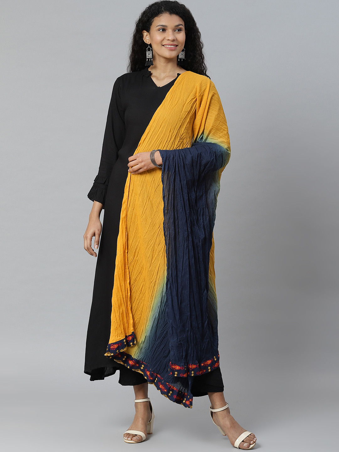 Rangriti Mustard Yellow & Navy Blue Dyed Pure Cotton Dupatta