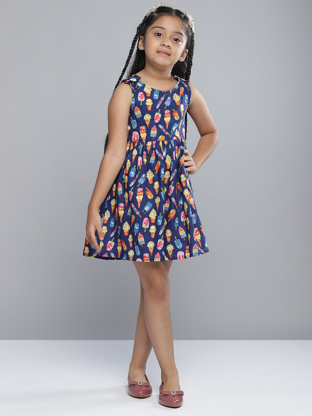 YK Infant Girls Navy Blue & Yellow Ice-Cream Print Pure Cotton A-Line Dress