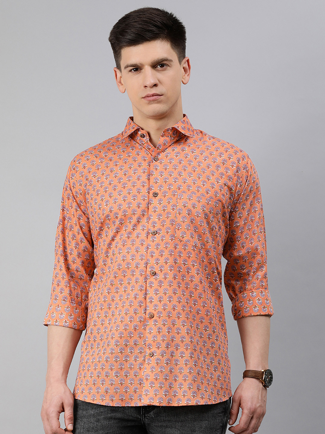 MILLENNIAL MEN Men Peach-Coloured & Blue Regular Fit Floral Printed Casual Shirt