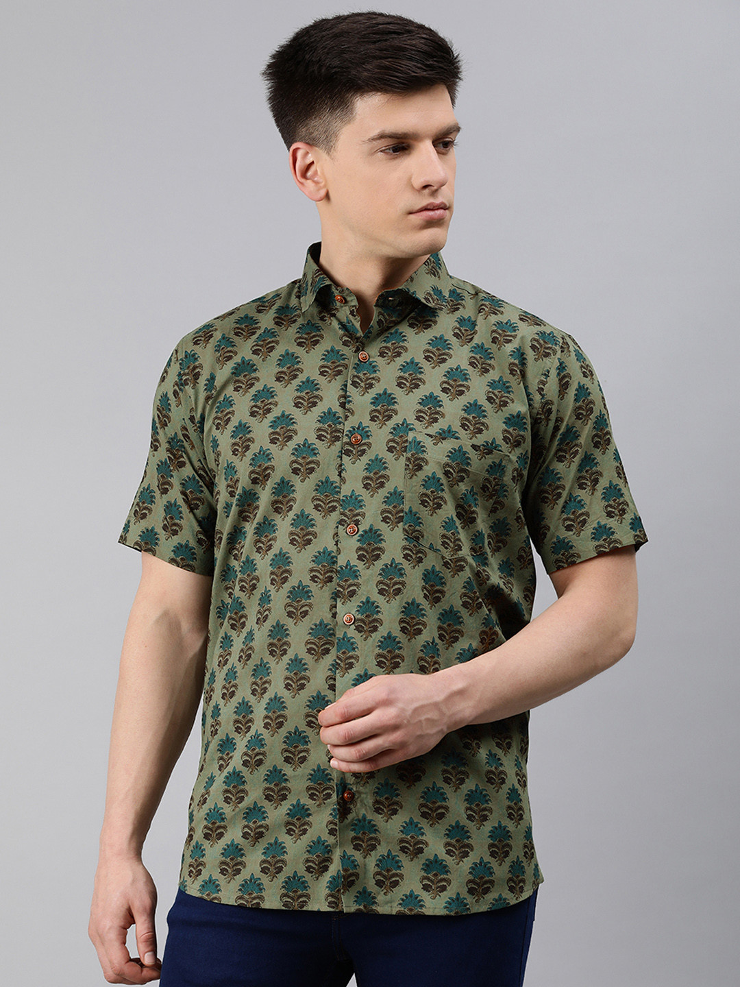 MILLENNIAL MEN Olive Green & Blue Cotton Comfort Regular Fit Ethnic Print Casual Shirt