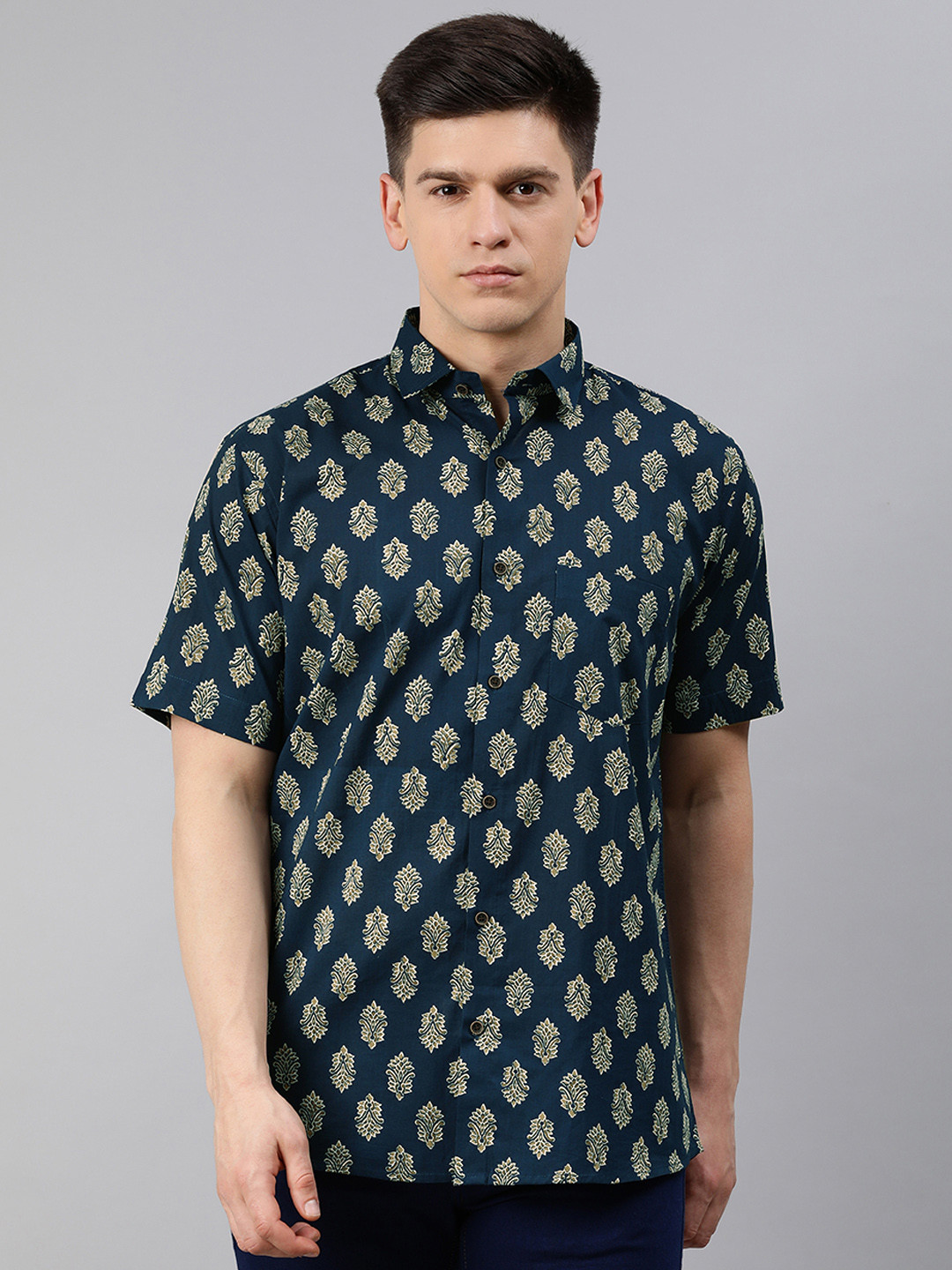 MILLENNIAL MEN Navy Blue & Beige Cotton Comfort Regular Fit Ethnic Print Casual Shirt
