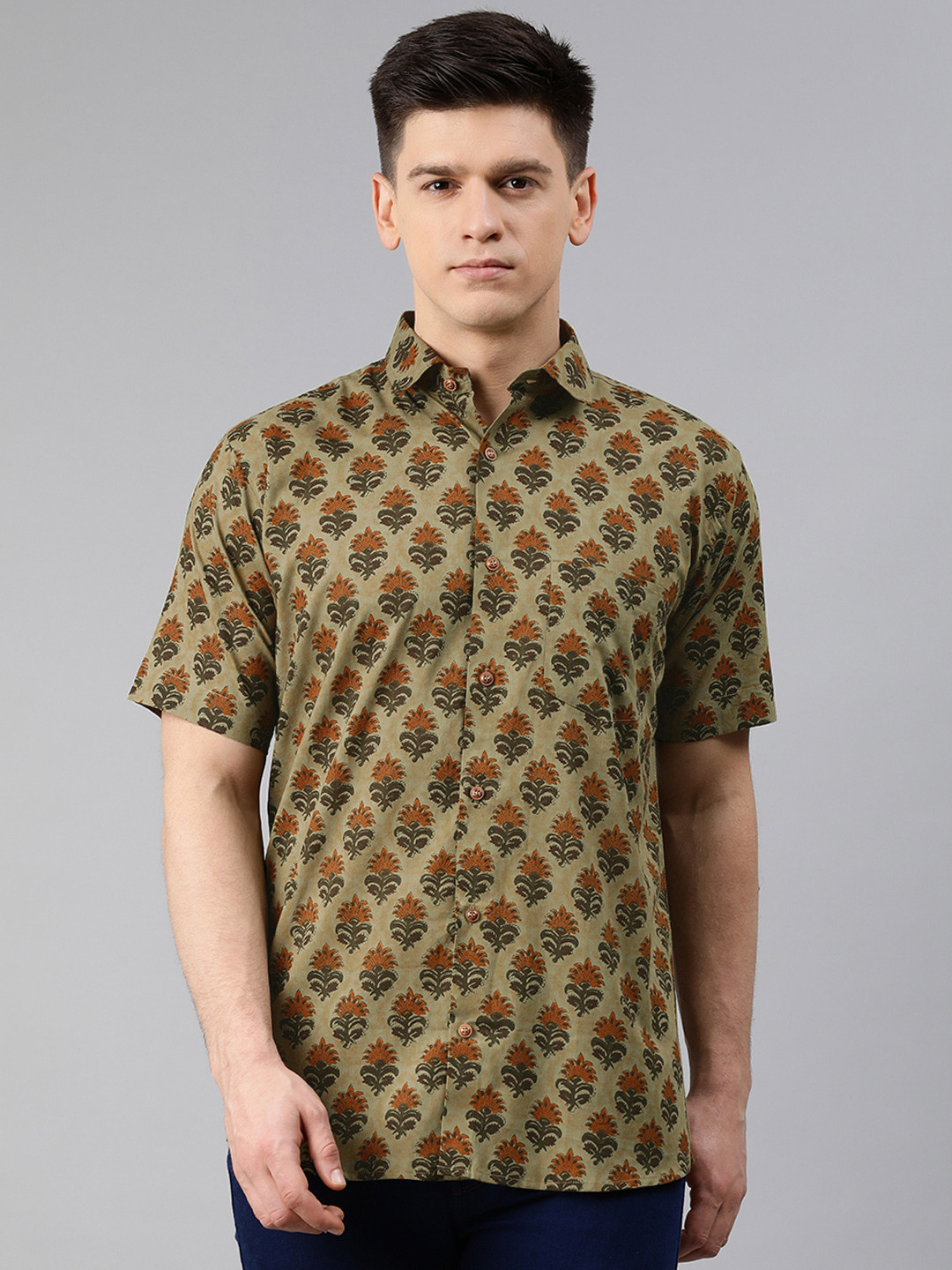 MILLENNIAL MEN Men Olive Green & Brown Regular Fit Printed Pure Cotton Casual Shirt