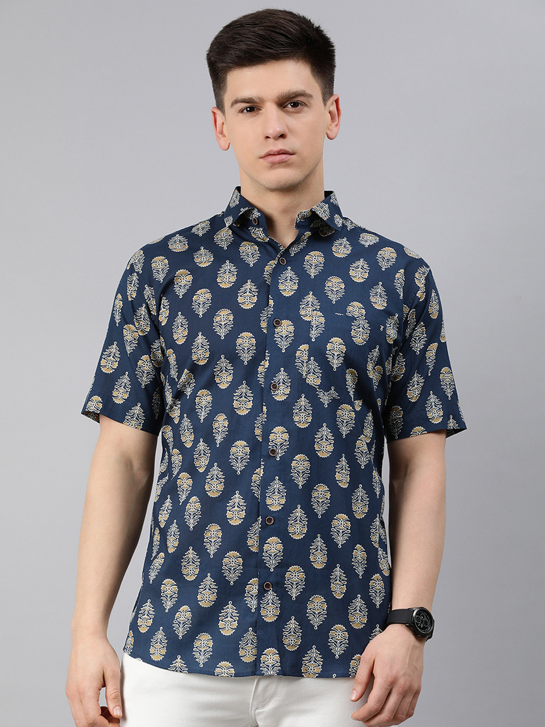 MILLENNIAL MEN Navy Blue Floral Printed Pure Cotton Regular Fit Casual Shirt