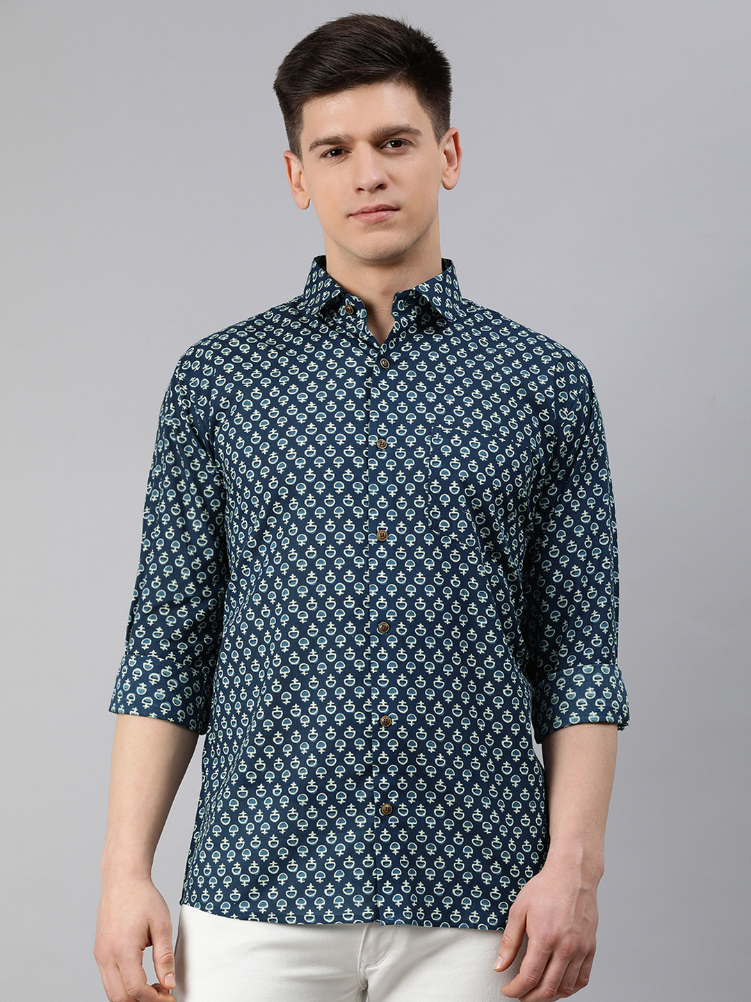 MILLENNIAL MEN Men Teal Blue & Cream-Coloured Regular Fit Printed Casual Shirt