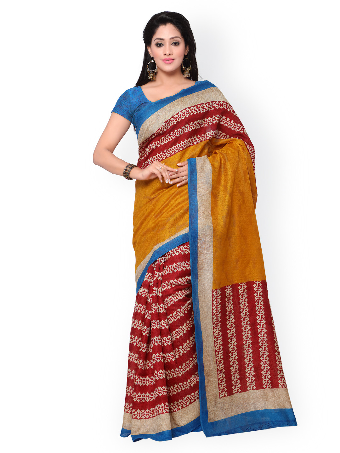 Saree mall Maroon & Mustard Yellow Printed Art Silk Traditional Saree