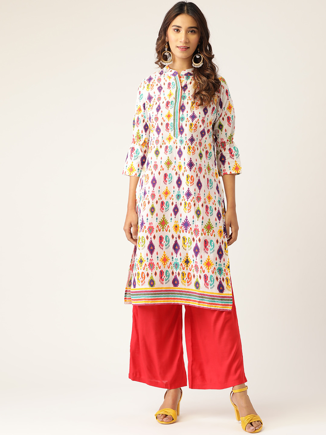 Kurti's by Menka Women White & Red Printed Kurta with Palazzos