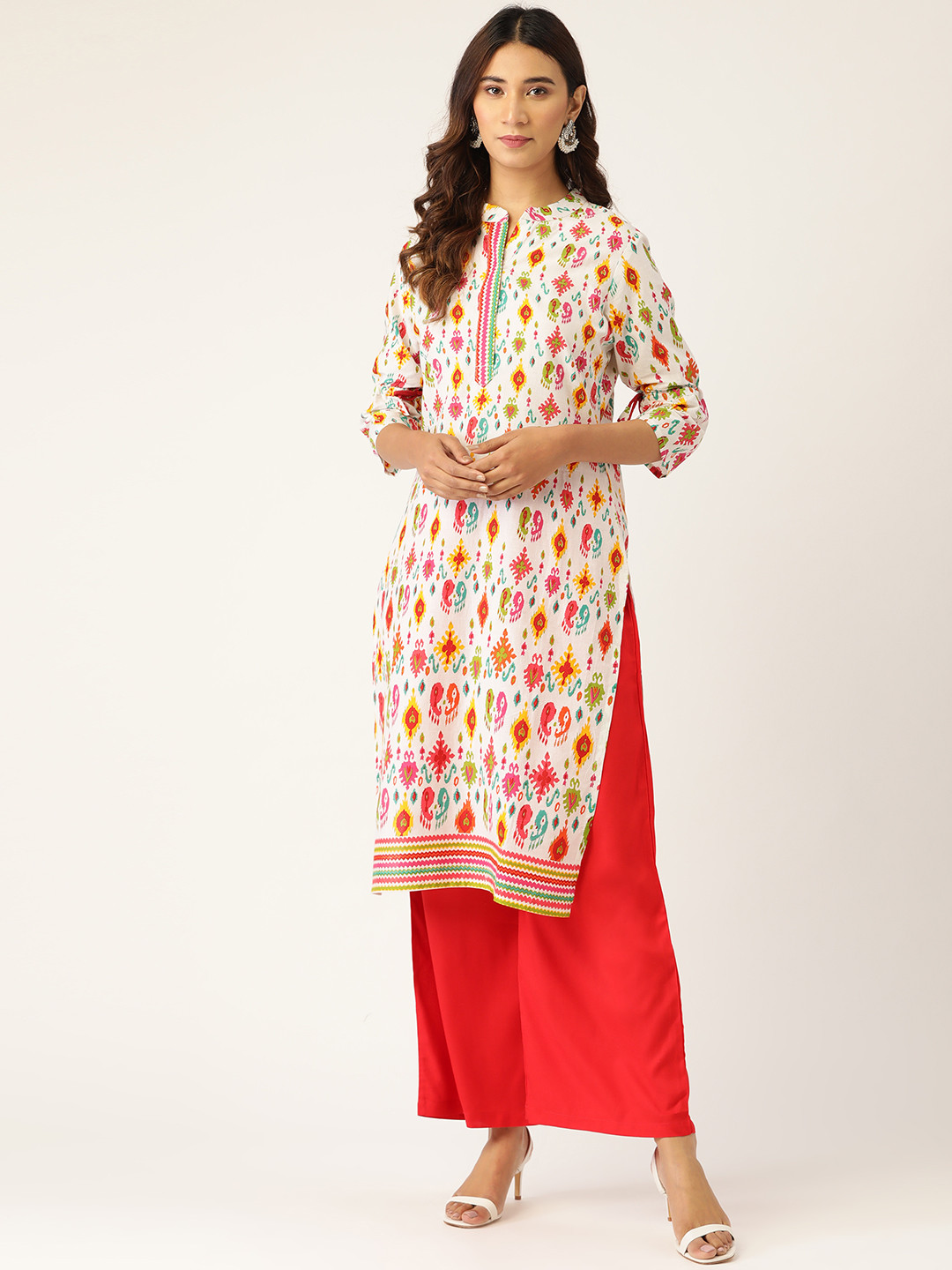 Kurti's by Menka Women White & Red Printed Kurta with Palazzos
