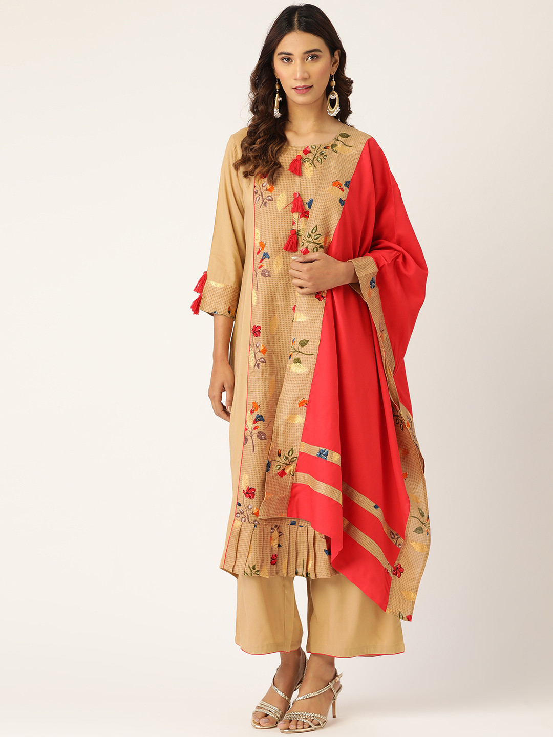 Kurti's by Menka Women Beige & Red Floral Print Kurta with Palazzos & Dupatta