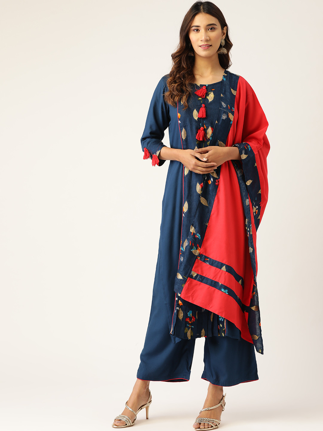 Kurti's by Menka Women Navy Blue & Red Woven Design Kurta with Palazzos & Dupatta