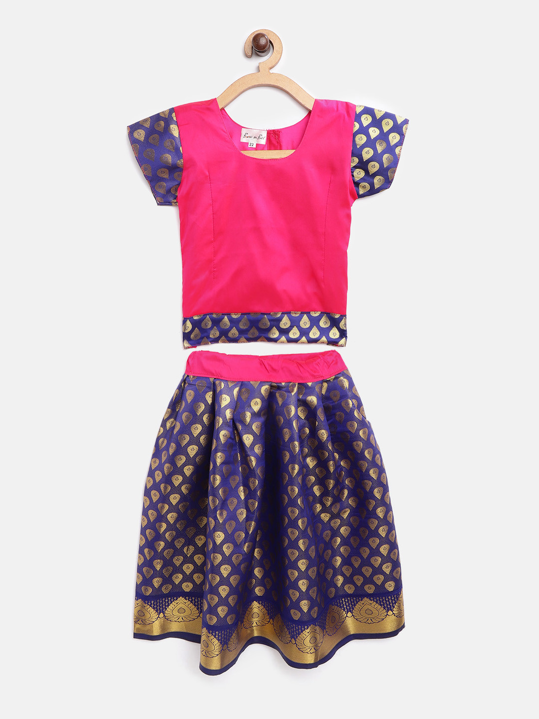 BownBee Girls Navy Blue & Pink Silk Woven Design South Indian Pavda Pattu Lehenga Choli