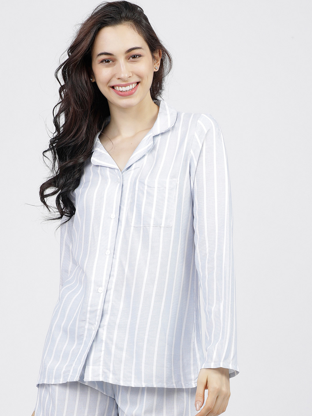 Tokyo Talkies Women Blue & White Regular Fit Striped Sleep Shirt