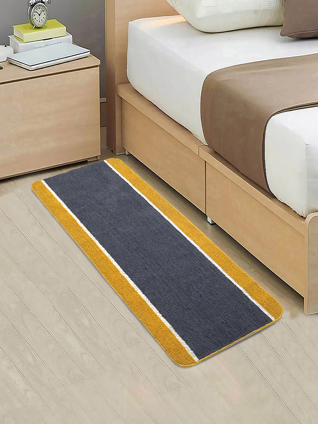 Saral Home Grey & Yellow Colourblocked Anti-Skid Bed Runner
