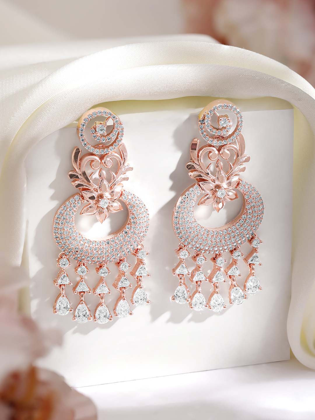 Rubans 18K Rose Gold-Plated White Cubic Zirconia Studded Chandelier Earrings